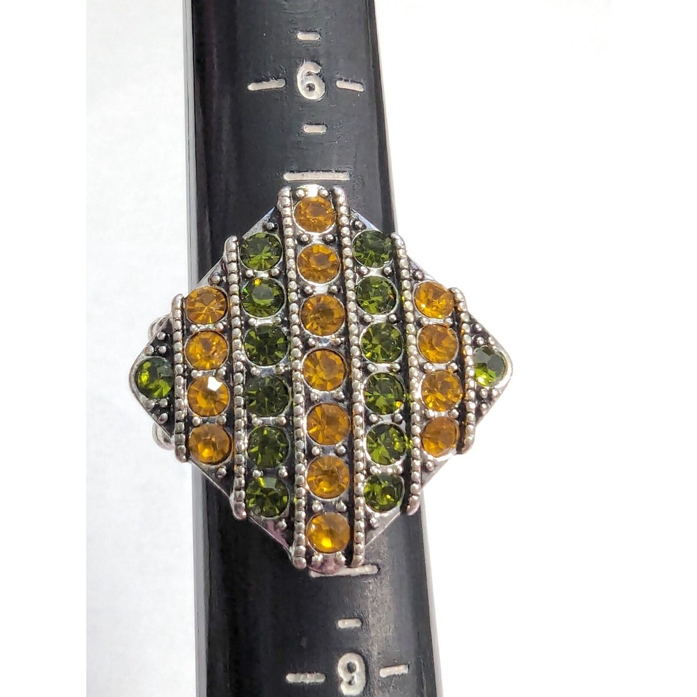 New Statement Ring Silver Tone Green Orange Rhinestones Stretch Plus Size Square